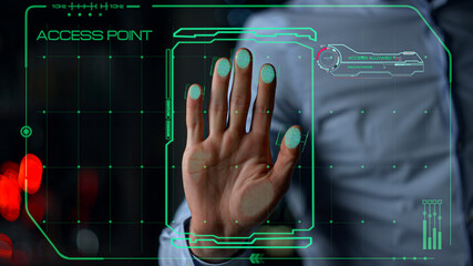 Biometric hand scan process allow user access identifying personality close up