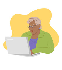 Senior black woman is using a laptop, online shopping, communicating on Internet. Flat vector illustration isolated on white. Technology, social network concept