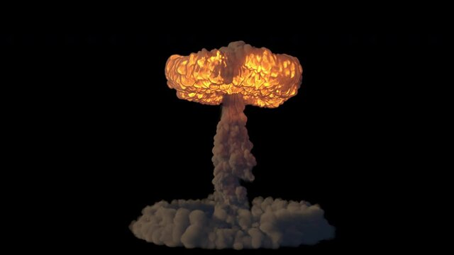 This stock motion graphics video shows nuclear explosion mushroom clouds slowly rising on alpha channel backgrounds.