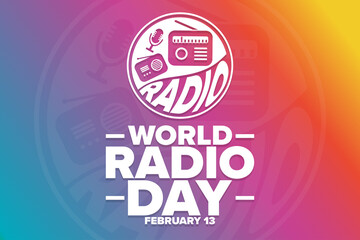 World Radio Day. February 13. Holiday concept. Template for background, banner, card, poster with text inscription. Vector EPS10 illustration.