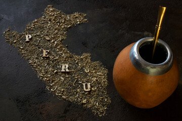 yerba mate in gourd matero with shape of Peru made by yerba mate