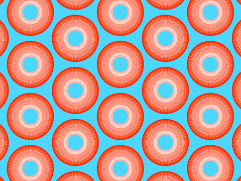 Simple repeating pink and orange pattern on a blue background, inspired by Eastern ornaments.