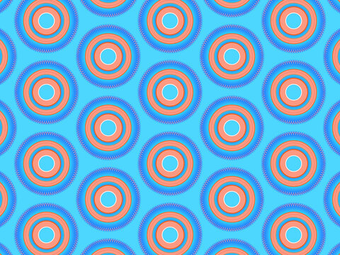 Simple repeating pink and orange pattern on a blue background, inspired by Eastern ornaments.