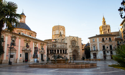 VALENCIA , SPAIN - DECEMBER 6, 2021: Square of Saint Mary's with Valencia Cathedral Temple,...