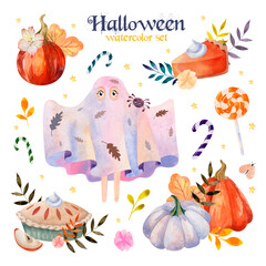 Watercolor Halloween set with cute elements for design. Costume party. Child in ghost costume and pumpkins