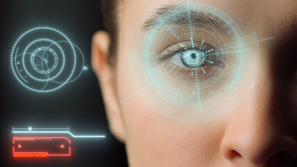 Biometrical retinal system analysing eye health closeup. Vision check concept.