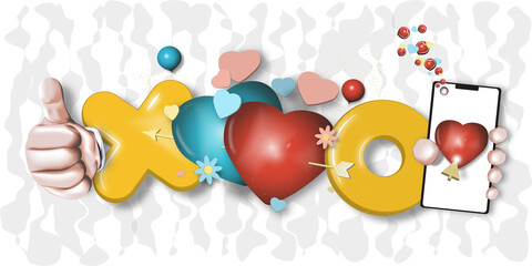 Thumb up background I like Valentine's Day, with a blue and red heart attached to Cupid's arrow, with the letter "X" and "O" that mean hugs and kisses, and with a mobile sending love messages. White b