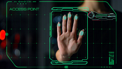 Hand scanner check user biometrics grant application successful access closeup