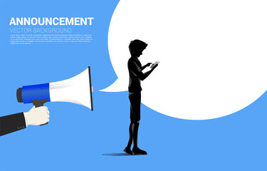 Silhouette businessman with mobile phone standing with hand hold megaphone with talk bubble. Poster for announcement and communication template.