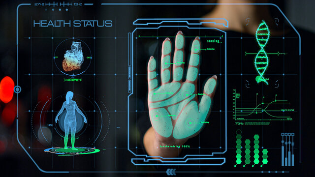 Hand scanner health status checking process analysing biometrical personal data - Powered by Adobe