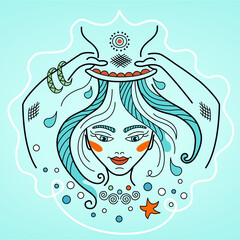Illustration of woman Aquarius constellation, Vector sign of the zodiac. Girl take a shower from pot, washing long hair. Shampoo logo, tattoo, water emblem for brand of cosmetic products