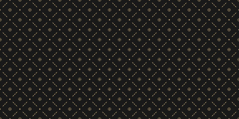 Abstract golden geometric seamless pattern in oriental style. Luxury vector background. Simple graphic ornament. Elegant minimal black and gold texture with floral shapes, diamond grid, lattice, mesh