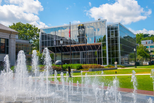 Modern Quincy City Hall at 1305 Hancock Street in Quincy city center, Massachusetts MA, USA. 