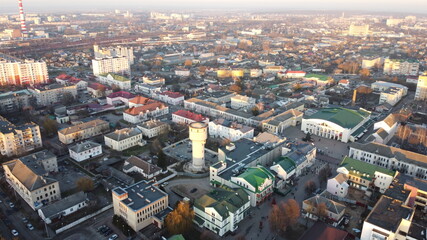 Obraz premium Panoramic aerial view of Baranovichi cityscape with buildings and streets, Belarus