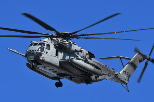 Kanagawa, Japan - December 18, 2021:United States Marine Corps (USMC) Sikorsky CH-53E Super Stallion heavy-lift cargo helicopter from HMH-466 "Wolfpack".