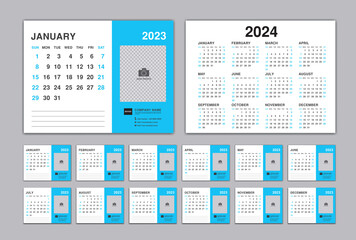 Calendar 2023 template, Desk Calendar planner 2023 and Set of 12 Months, and calendar 2024 design, Wall calendar vector, Business design planner template, advertisement, printing, stationery, organiza