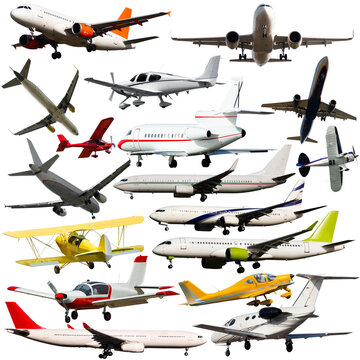 Image of different sports and passenger aircrafts on white background