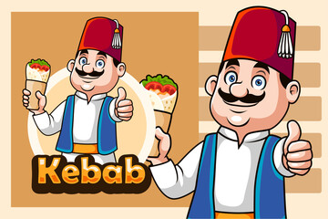Cartoon turkish man holding doner kebab giving thumb up