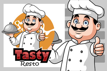 Cartoon chef holding a silver tray giving thumb up