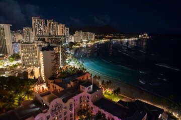 The view of Waikiki Beach at night in Oahu, Hawaii