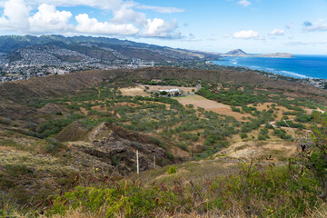 The view of the crater from the top of Diamond Head in Oahu, Hawaii