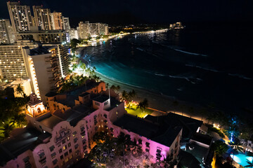 The view of Waikiki Beach at night in Oahu, Hawaii