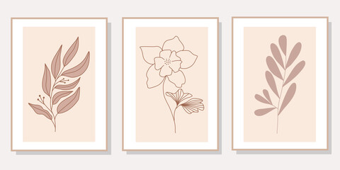 Abstract floral line art set of 3 minimalist prints. Vector design elements of nature for poster, prints, t-shirt, wall art, logo, banner, canvas prints, home decor, cover, wallpaper.
