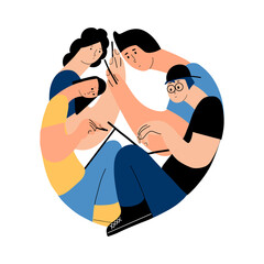 Obraz premium Tech neck concept. Family with gadgets. Vector illustration in flat style