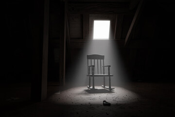 3d rendering of old rocking chair illuminated by light ray at dark attic. Concept age and past - obrazy, fototapety, plakaty