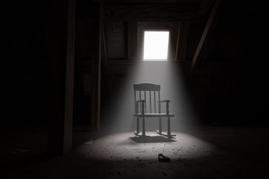 3d rendering of old rocking chair illuminated by light ray at dark attic. Concept age and past