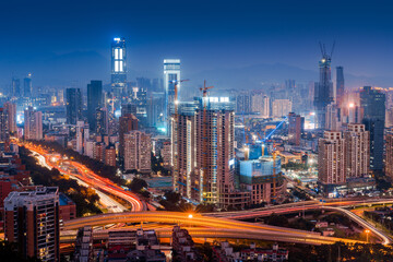 Fototapeta na wymiar Beautiful wide-angle night aerial view of Shenzhen financial district
