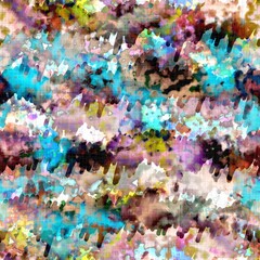 Messy summer tie dye batik beach wear pattern. Seamless colourful stain space dyed effect fashion. Washed out soft furnishing background. 