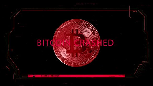 Symbolic coin of Bitcoin on a black background with red color, some abstract futuristic hud effects and with a text of Bitcoin Crashed