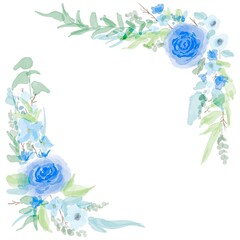 水彩の青い薔薇と草木の装飾フレーム　Watercolor blue rose and vegetation decorative frame