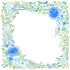 Fototapeta na wymiar 水彩の青い薔薇と草木の装飾フレーム　Watercolor blue rose and vegetation decorative frame