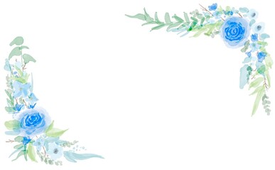 水彩の青い薔薇と草木の装飾フレーム　Watercolor blue rose and vegetation decorative frame