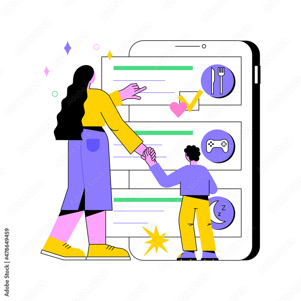 Poster kids routine app abstract concept vector illustration. child routine mobile app, newborn application