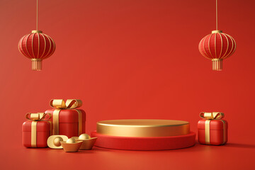 Red podium CNY and gift box product stand podium background pedestal 3D rendering - obrazy, fototapety, plakaty