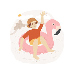 Swimming ring isolated cartoon vector illustration. Kid in pink flamingo ring floating in a pool, swimming with lifebuoy, leisure activity on water, relax time, summer vacation cartoon vector.