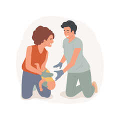 Choking first aid isolated cartoon vector illustration. First aid training for parents, adult pushing kid chest from behind, choking hazard, emergency situation, help a baby cartoon vector.