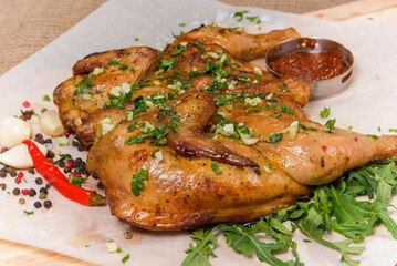 Grilled chicken with herbs and sauce..