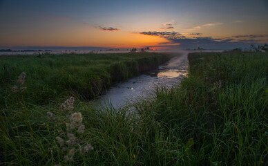 Dawn of the sun against the background of the river and reeds..