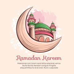 Hand drawn eid al-fitr moon with mosque illustration