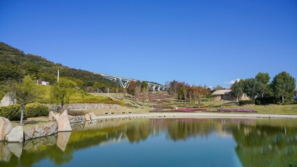 青空バックに見る秋の公園の情景＠淡路島、兵庫