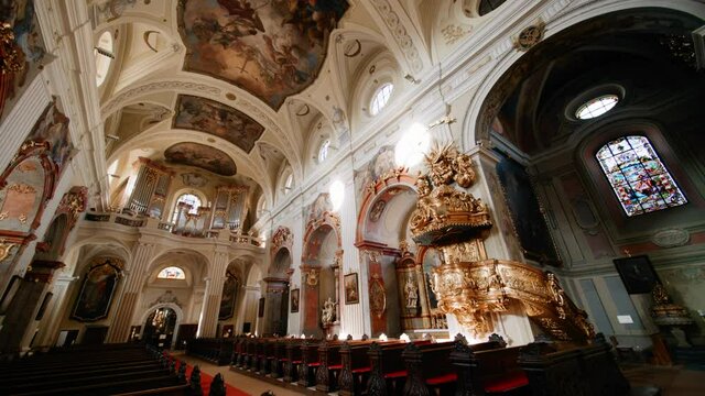 European Catholic Church interior shot of beautiful paintings and decorations
