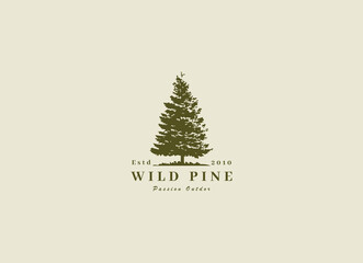 Rustic Retro Vintage cedar, cypress, larch, spruce, pine, pinus, evergreen, coniferous, conifer, fir, hemlock trees logo design