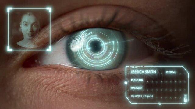 Closeup eye biometrics recognition system checking user analyzing personality 