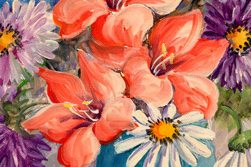 Detail of still life hand made oil painting depicting flowers on canvas, impressionism style © VIS Fine Arts