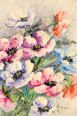 Detail of still life hand made oil painting depicting flowers on canvas, impressionism style