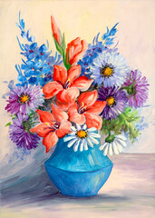 Still life hand made oil painting depicting flowers on canvas, impressionism style.